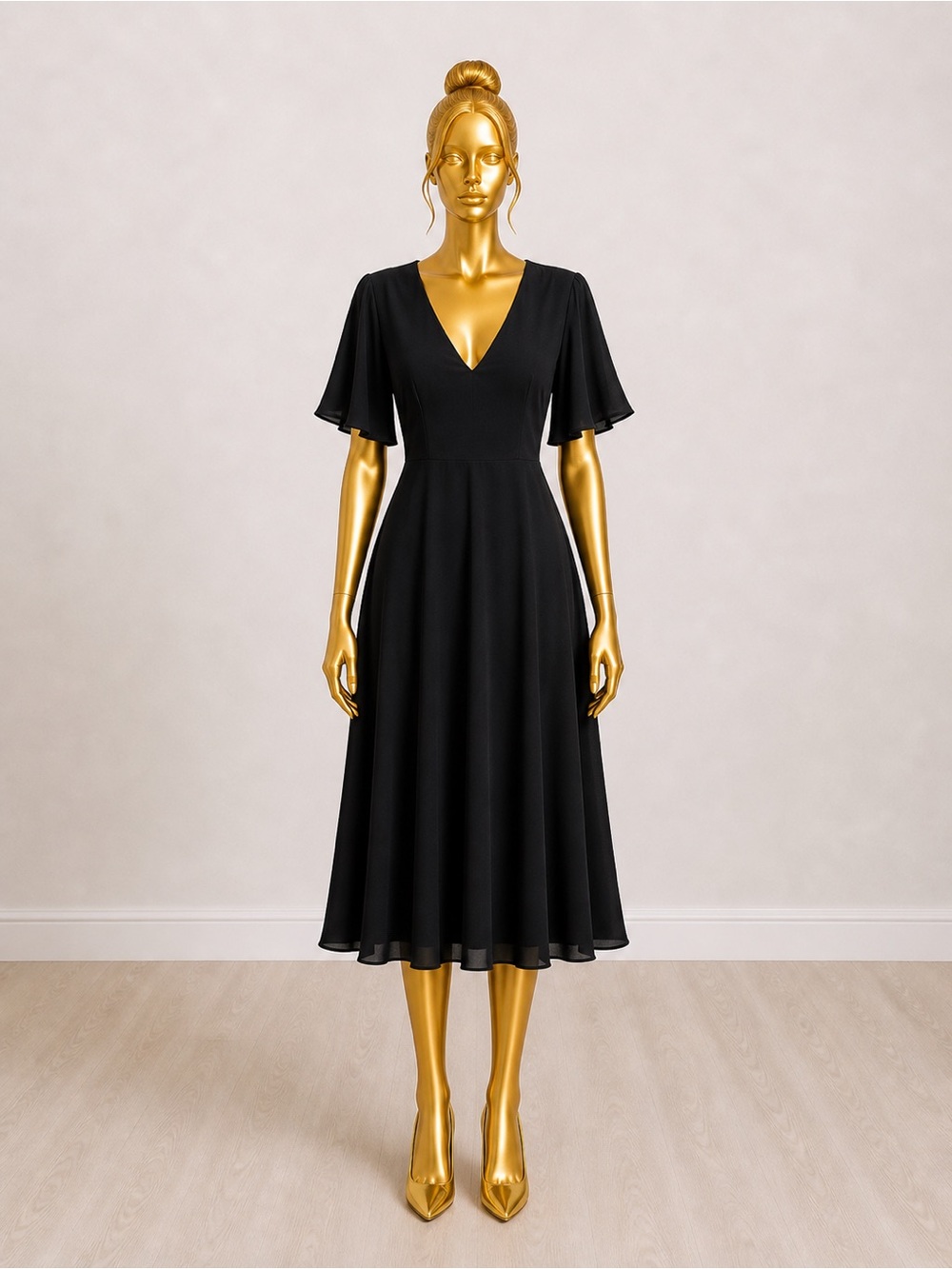 Boohoo Black V-Neck Flutter Sleeve Midi Dress Tieup Back